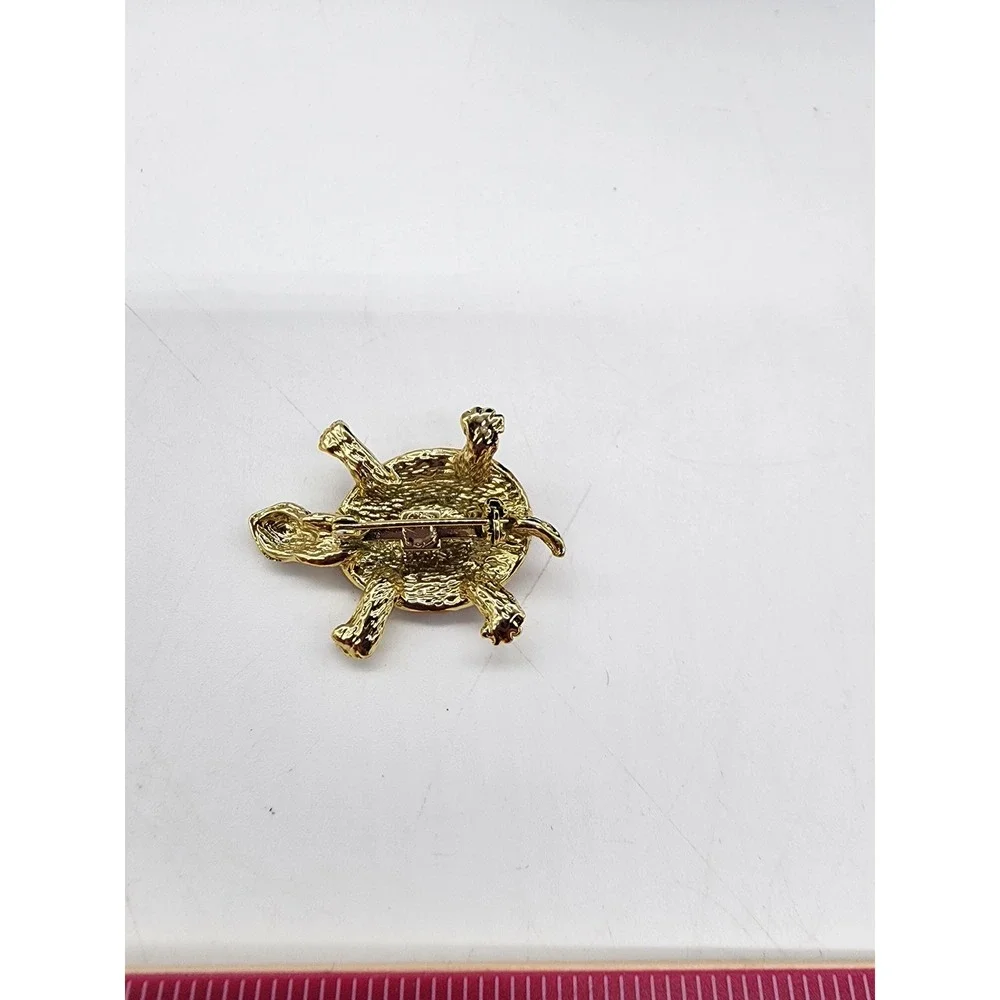 Vintage Gold Tone Brown Enamel Turtle Brooch Set Green Rhinestone Eyes 2 Piece